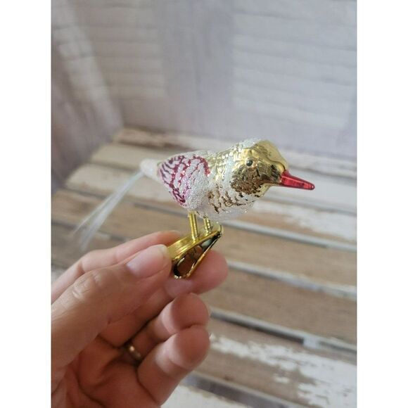 Red Gold bird clip-on glass frosted glitter Xmas tree - Picture 2 of 7